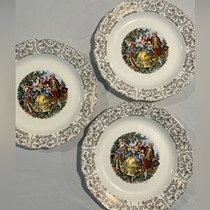 Vintage set of 3 Sabin China Luncheon Plates w/ 22k Gold Trim Colonial Couple